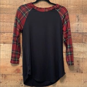 New black baseball tee with red plaid arms